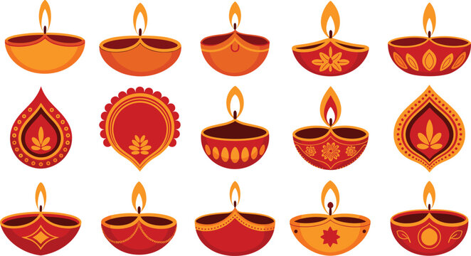 Traditional Indian Diwali diya oil lamp vector illustration set with colorful burning flames isolated on white background
