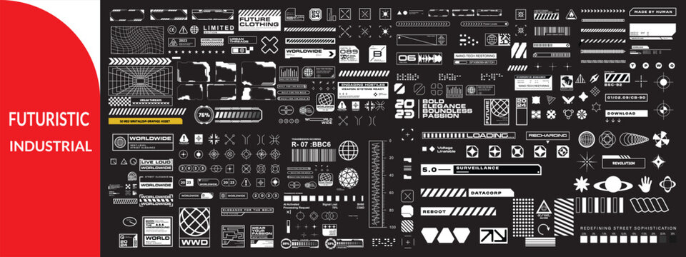 Futuristic industrial micrographics and cyberpunk technical labels. 