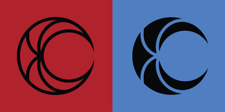 Abstract circular crescent moon shape in outline and solid black styles on red and blue backgrounds