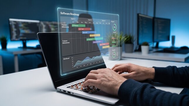 Software roadmap dashboard on laptop at workspace