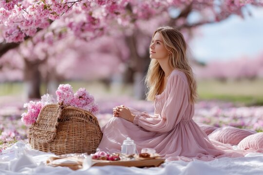Woman in pink dress enjoys spring day among cherry blossom trees with picnic basket