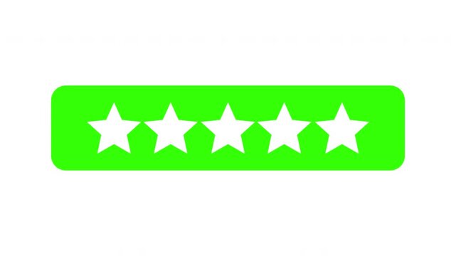 Five star rating animation with yellow stars appearing and disappearing on a green rounded rectangle background for customer feedback and review systems with alpha channel
