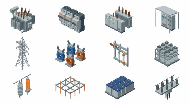 Industrial electrical equipment and power infrastructure icons.