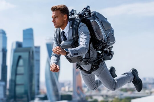 Man in suit flying with jetpack over urban skyline in bright daylight