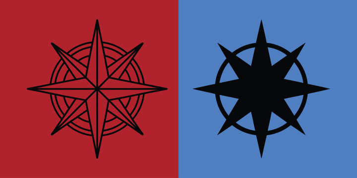 Eight pointed compass star symbol presented in outline and solid black styles on red and blue split backgrounds