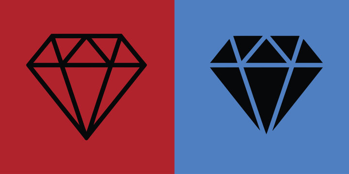 Diamond gemstone geometric in black outline and solid black style on red and blue split background
