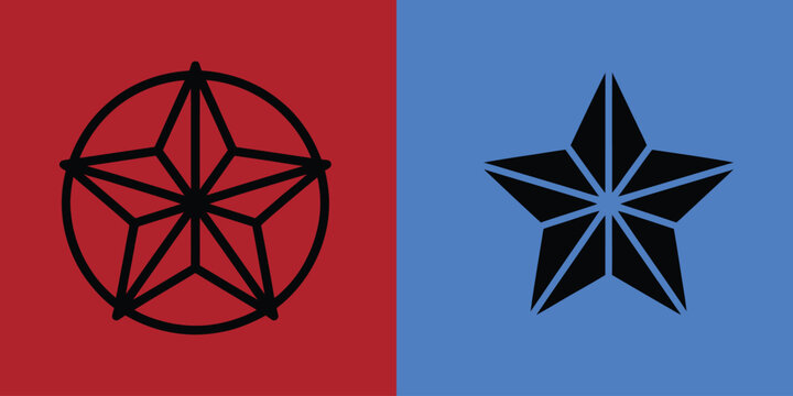 Five pointed star set in outline and solid black styles displayed on red and blue split backgrounds