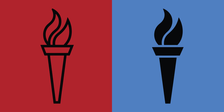 Flaming torch in outline and solid black variations displayed on contrasting red and blue split backgrounds
