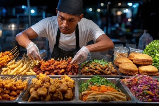 Food Vendor Arranging Skewers at Night Market