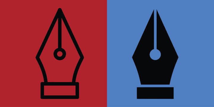 Fountain pen nib set displayed as black outline and solid black silhouette on red and blue background panels