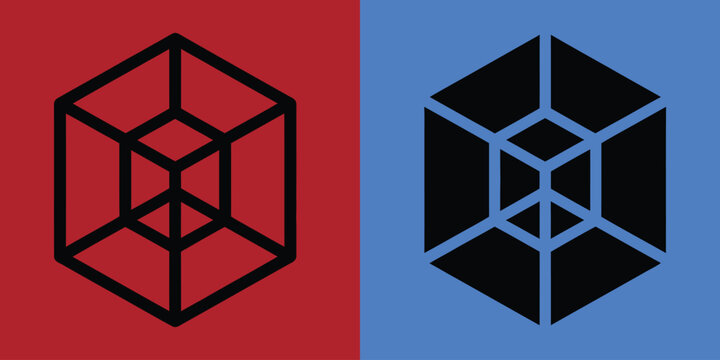 Geometric hexagonal cube outline and solid silhouette on red and blue backgrounds for symbol usage
