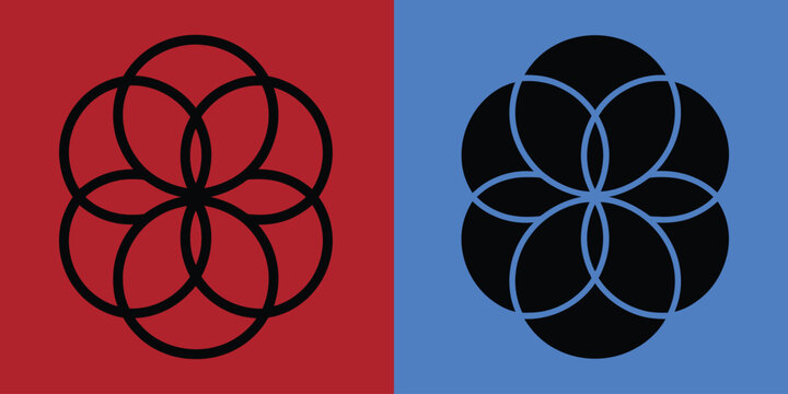 Geometric flower shape composed of intersecting circles in black on red and blue backgrounds, split screen comparison