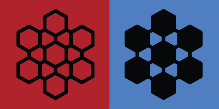 Geometric hexagonal honeycomb pattern in outline and solid black styles on red and blue split background