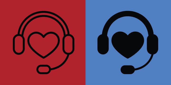 Headset featuring a heart shape in the center, shown as black outline and solid black on red and blue background