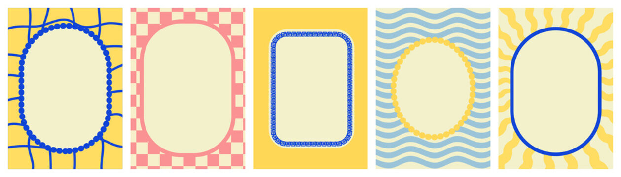 Colorful photo frame set with checkered, wave and sunburst border patterns, Decorative oval and rectangle frame collection for social media and invitation design