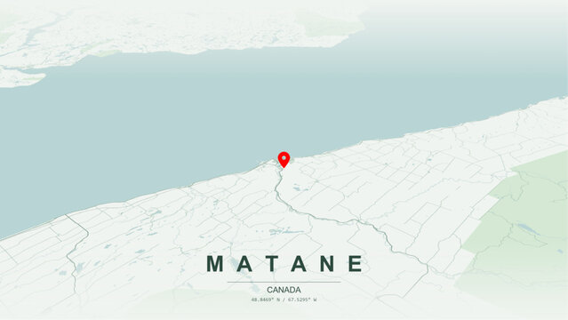 Minimalist vector map of Matane, Quebec. High-quality scalable illustration of Matane geographic boundaries within the La Matanie regional county, Saint Lawrence River shoreline for posters design.