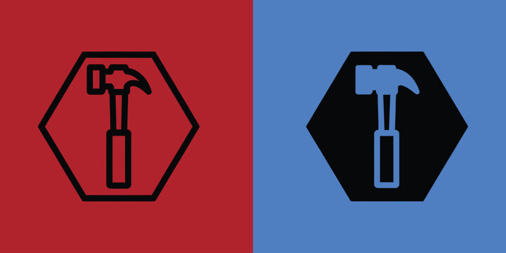 Hammer tool inside a hexagon frame in outline and solid black styles on red and blue backgrounds