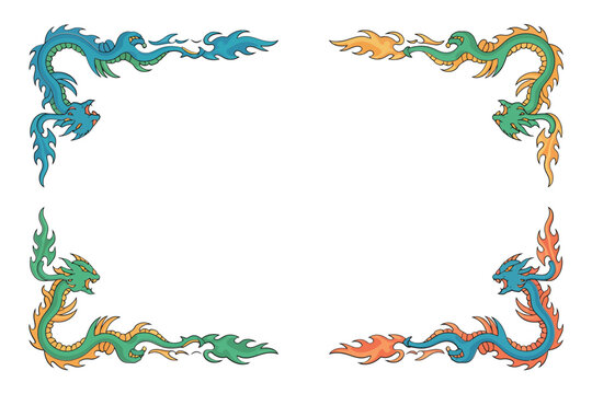 Fantasy dragon corner frame set with colorful mythical creatures and fire for decorative borders and artistic page layouts in style