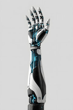 Advanced bionic prosthetic arm featuring futuristic mechanical hand with blue glowing circuits isolated on a neutral background for cybernetic design