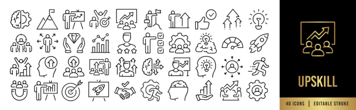 Upskill and Professional Development Line Icon Set. Corporate Training, Career Growth, EdTech, and HR Coaching. 40 Editable Stroke Vectors for LMS SaaS UI.