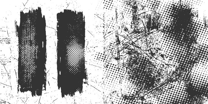 Abstract grunge textures with halftone dots and distressed brush strokes on a white background vector illustration