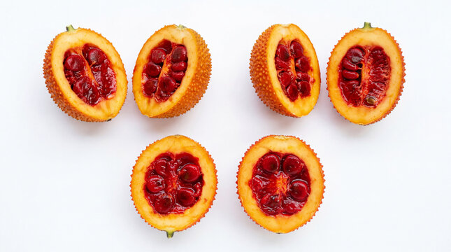 Vibrant gac fruit halves displaying bright orange skin and deep red seeds arranged symmetrically on a white background