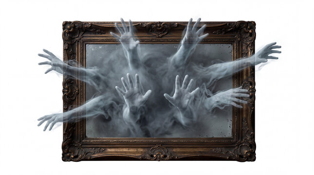 Eerie, transparent hands emerging from a vintage ornate picture frame against a dark, smoky background