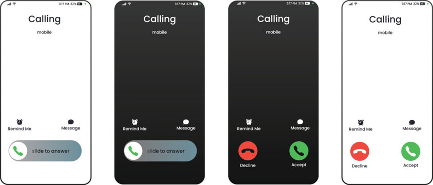 Smartphone screens with incoming call notifications and answer options in clean vector style