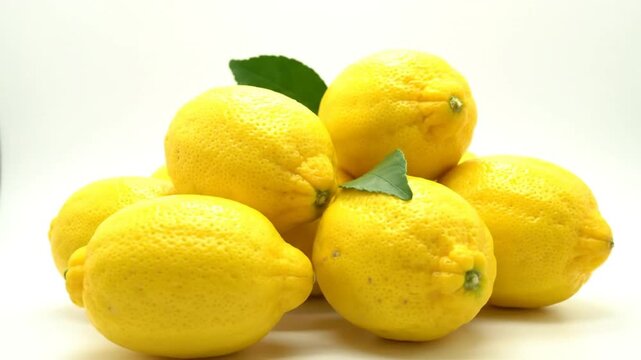 Bright yellow lemons stacked in a pile against a white background with green leaves as decorations.