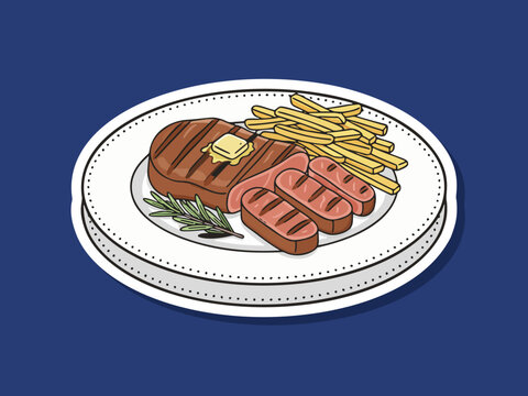 Vector illustration of steak and fries on a plate food isolated on white background with bold flat shapes and clean design. Ideal for restaurant branding and stickers design
