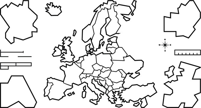 Minimalist Low Poly Europe Map Vector Blueprint Set Featuring Linear Country Borders Compass Rose Scale Indicators and Isolated Regional Cartography Elements