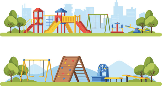 Children playground landscape banners, outdoor park equipment with slides swings climbing wall vector illustration collection design