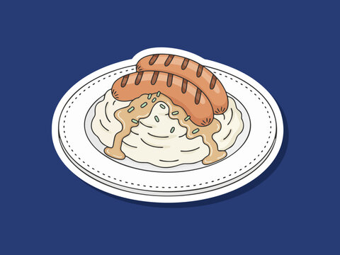 Vector illustration of sausage and mashed potatoes on a plate food isolated on white background with bold flat shapes and clean design. Ideal for restaurant branding and stickers design