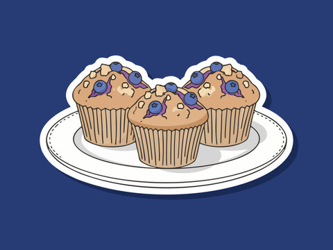 Vector illustration of blueberry muffins on a plate food isolated on white background with bold flat shapes and clean design. Ideal for restaurant branding and stickers design
