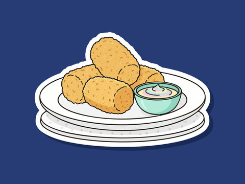 Vector illustration of croquette on a plate food isolated on white background with bold flat shapes and clean design. Ideal for restaurant branding and stickers design
