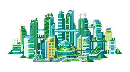 Fototapeta premium Eco-friendly futuristic city skyline with green buildings, solar panels, and wind turbines.
