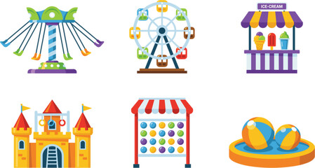 Naklejka premium Amusement park icons, carnival rides attractions with castle ice cream booth and playground vector illustration collection design