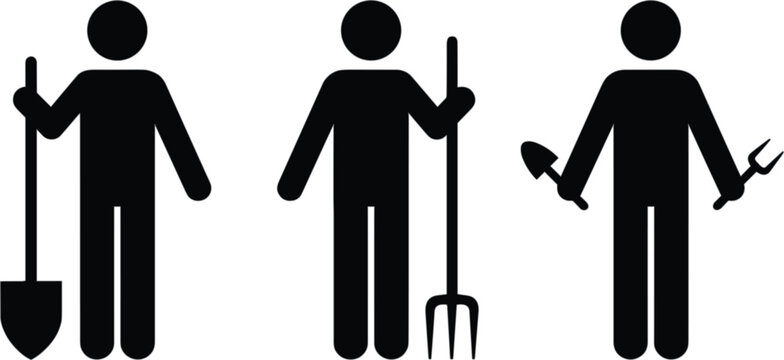 Gardening worker silhouette icons, farmers holding shovel pitchfork and trowel for agriculture vector illustration collection isolated