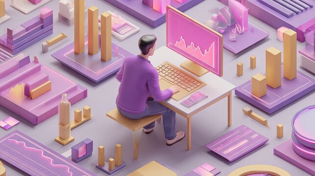 Purple isometric 3D financial data analysis workstation.