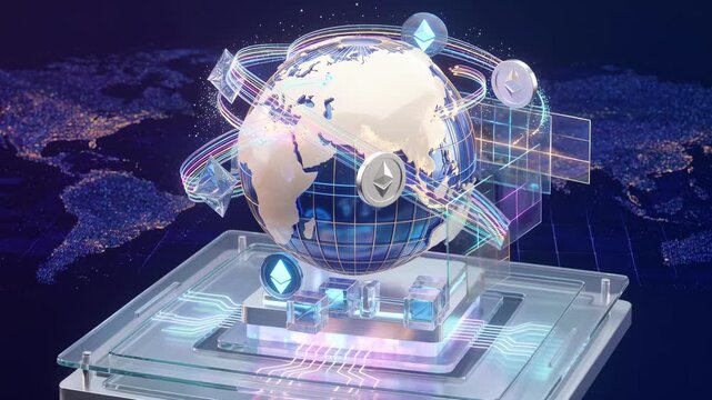 Global globe blockchain network with cryptocurrency token data streams and digital globe network