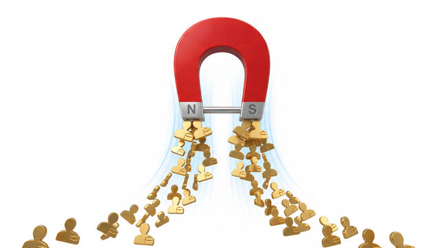 A red magnet attracting golden silhouettes symbolizing attraction and connection