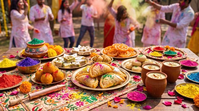 Vibrant Holi celebration with traditional Indian sweets and colors on a decorated table outdoors