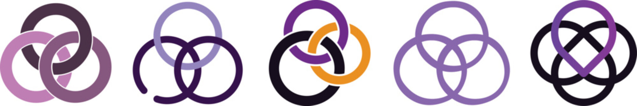 Set of abstract circular venn diagrams and interlocking rings for business analysis and Venn design.