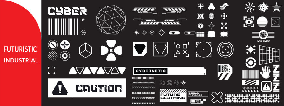 Futuristic industrial micrographics and cyberpunk technical labels. Futuristic sticker  set design .