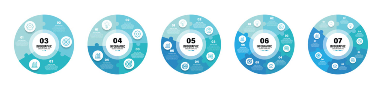 Set of vector infographic puzzle circular templates. Circle puzzle infographic Diagram. Cycle diagrams with 3, 4, 5, 6, 7 parts, options. Can be used for chart, graph, report, presentation, web design