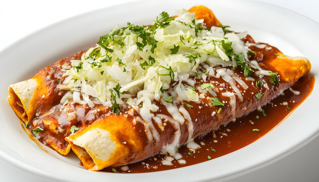 Delicious enchiladas covered with sauce, topped with shredded cabbage and onions