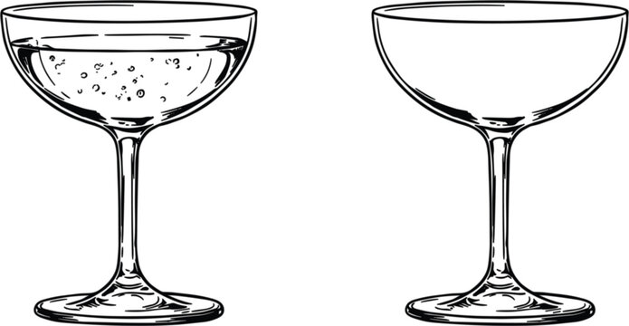 Vintage coupe cocktail glasses illustration, elegant champagne stemware with filled and empty designs vector collection isolated