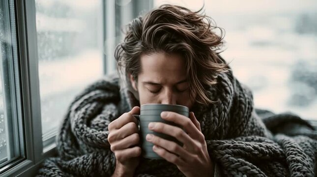 Portrait of a young man wrapped in a knitted blanket holding a steaming mug by a large window on a snowy Christmas morning, bathed in soft natural light and a peaceful festive atmosphere.