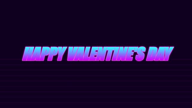 Happy Valentine's Day Neon Text Animation in 80s Synthwave Retro Style with Glowing Pink and Blue Colors on Dark Gradien