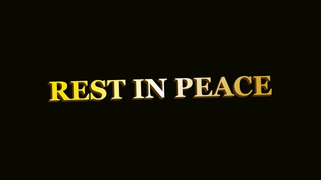 Rest in Peace 3D Gold Text on Black Background, Solemn Memorial Animation, Funeral Condolence Tribute Video Loop